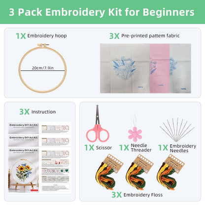 Herdiese 3PCS Embroidery Kit for Beginners with Floral Patterns – Cross Stitch Kits for Adults Including Hoop, Pre-Printed Fabrics, Threads, 9 Needles & Scissors – Easy Instructions