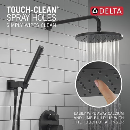 Delta Modern 14 Series Round Rain Shower System Faucet Set, Rainfall Matte Black Shower Head and Handle Set, Valve Trim Kit, 10 Inch, Matte Black T342702-BL (Valve Not Included)