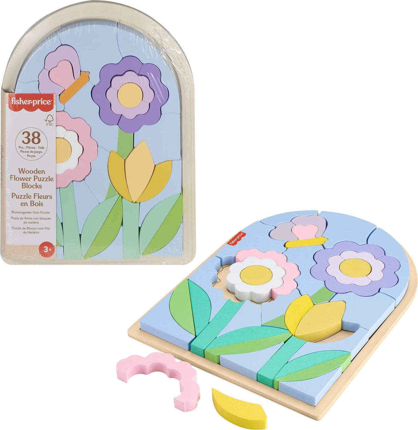 Fisher-Price Wood Preschool Toy Flower Puzzle Blocks, 38-Piece Wooden Stacking Set for Developmental Play Kids Ages 3+ Years