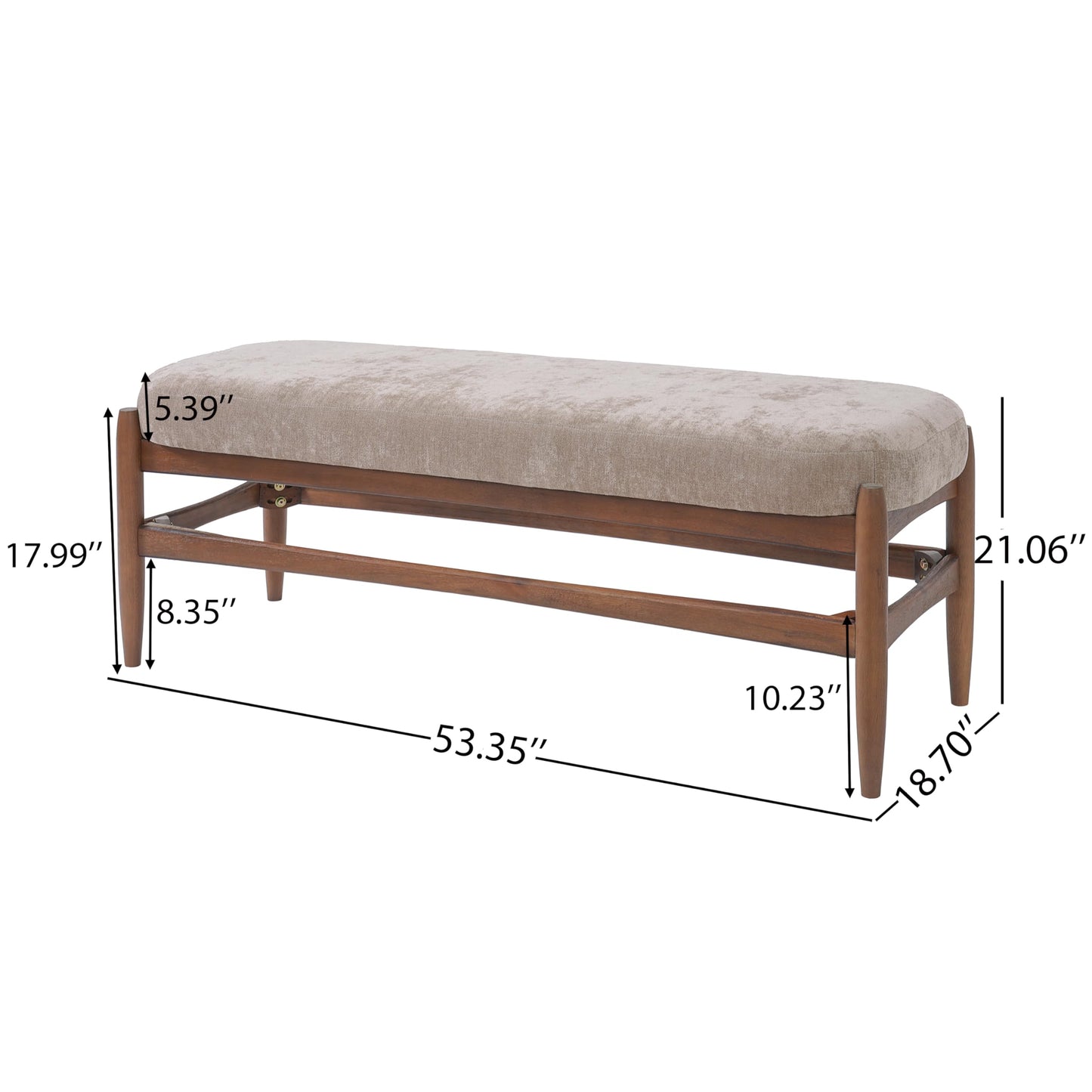 Christopher Knight Home Rubab 53.35" Chenille Fabric Upholstered End of Bed Ottoman Foot Rest, Wooden Ottoman Bench, Long Entryway Bench, Bedroom End of Bed Foot Stools, Light Brown + Walnut