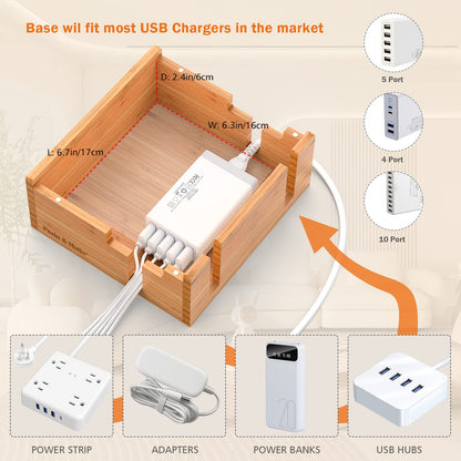 Pezin & Hulin Bamboo Charging Station for Multiple Devices Include 5 Port USB Charger, 5 Cables, Desktop Organizer for Phones, Tablet, Wooden Docking Stations