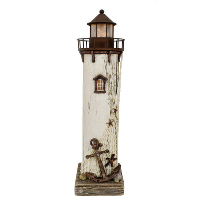 E-view Wooden Lighthouse Nautical Tabletop Figurine Beach Themed Ornaments with Starfish - Lighted Tower Light Wood Home Décor Party Decoration