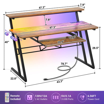 Armocity Music Studio Desk, Music Production Workstation with Power Outlets and RGB LED Lights, Recording Studio Table Desks Music Producer for Home, Rustic Brown
