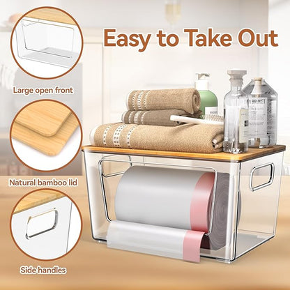 2 Pack Trash Bag Holder with Bamboo Lid, Stackable Trashbag Dispenser, Extra