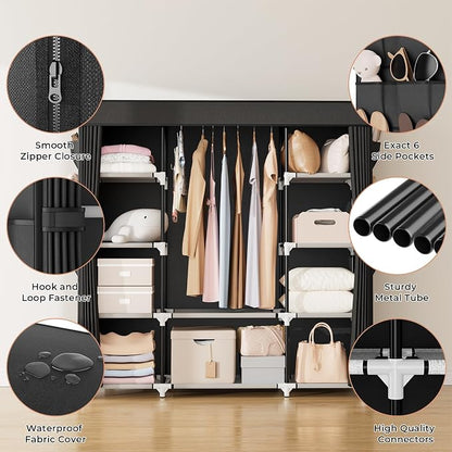 VTRIN Portable Closet Wardrobe for Hanging Clothes 57.3 Inch Large Capacity Clothes Rack with Cover, 10 Storage Organizer Shelves, 1 Hanging Rods and 6 Pockets, Free Standing Closet for Bedroom, Black