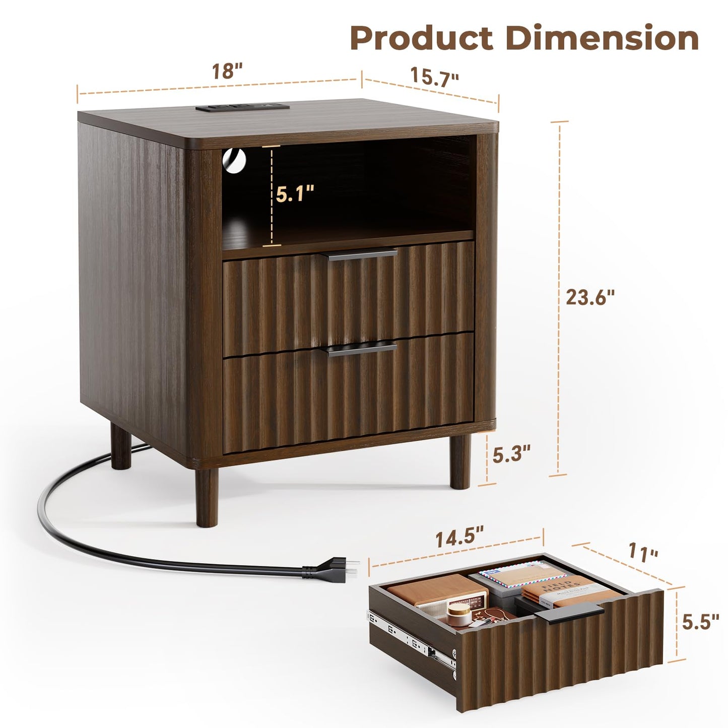 Fluted Nightstand with Charging Station, 2 Drawers Storage Bedside Table, Solid Wood Modern Nightstand with Open Shelf, Curved Profile Design, End Table for Indoor Room Bedroom Office, Walnut