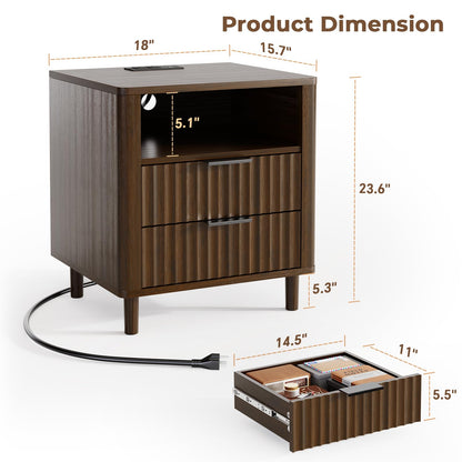 Fluted Nightstand with Charging Station, 2 Drawers Storage Bedside Table, Solid Wood Modern Nightstand with Open Shelf, Curved Profile Design, End Table for Indoor Room Bedroom Office, Walnut
