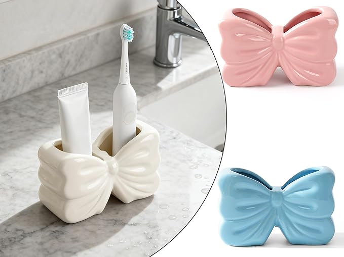 Bow Toothbrush Holder ， 2-Slot Toothbrush and Toothpaste Holder Cute Toothbrush