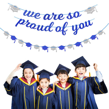 Navy-Blue White-Silver Party-Decoration Graduation Banner - 8pcs Kits Cap Garland Streamers, Paper Tissue Pom Poms Flowers,We are So Proud of You Congratulations Grad 2026 Decor Lasting Surprise