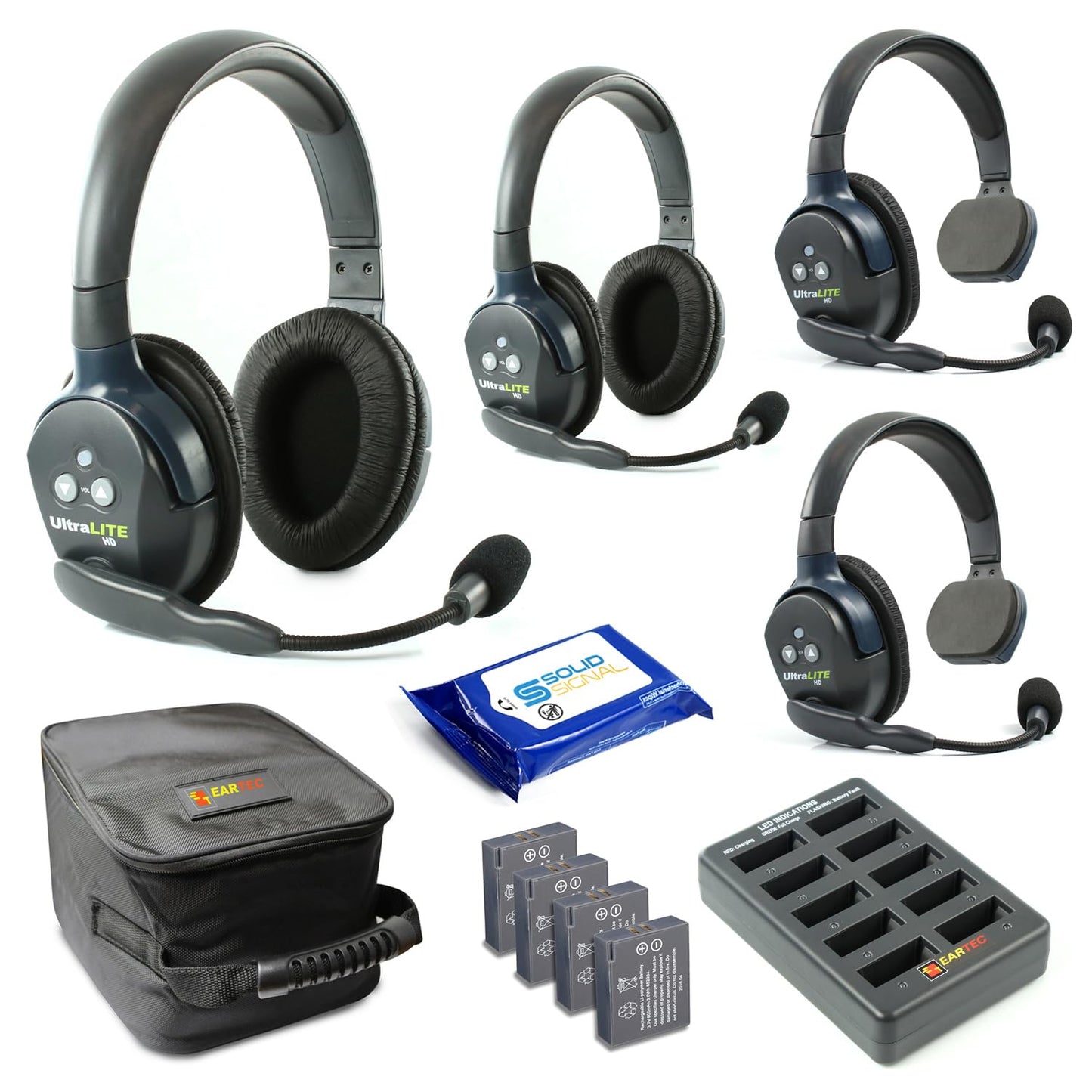 Eartec UL4S Ultralite Full Duplex Wireless Headset Communication for 4 Users - 4 Single Ear Headsets with SolidSignal Cleaning Wipes Bundle