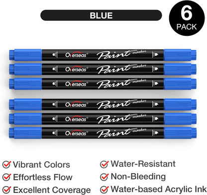 Overseas Blue Acrylic Paint Markers, 6 Pack Dual Tip Paint Pens Acrylic Markers - Dot and Brush Tip Coloring Marker for Wood, Rock, Canvas, Glass, Metal, Plastic, Rubber, Fabric, School Supplies