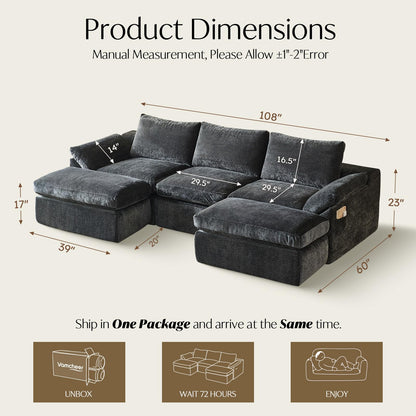 Vamcheer U Shaped Cloud Couch - Utra Soft Modular Sectional Sofa with 2 Movable Ottoman, Deep Seat Boneless Couches for Living Room, Bedroom, Office, No Assembly Required, Grey