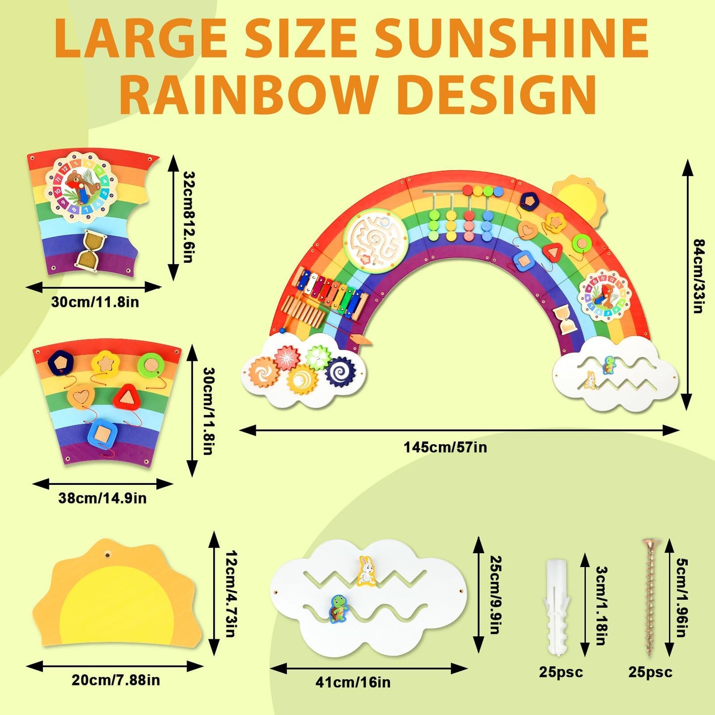 5FT Large Sunshine Rainbow Wooden Activity Wall Panel Christmas Gift Educational Montessori Toy for Toddler Kids Interactive Sensory Activity Busy Board Daycare Learning Center Toddler Room Decor