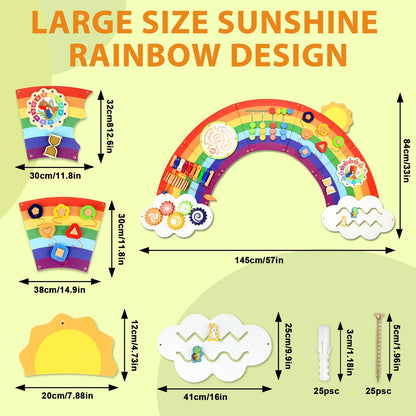 5FT Large Sunshine Rainbow Wooden Activity Wall Panel Christmas Gift Educational Montessori Toy for Toddler Kids Interactive Sensory Activity Busy Board Daycare Learning Center Toddler Room Decor