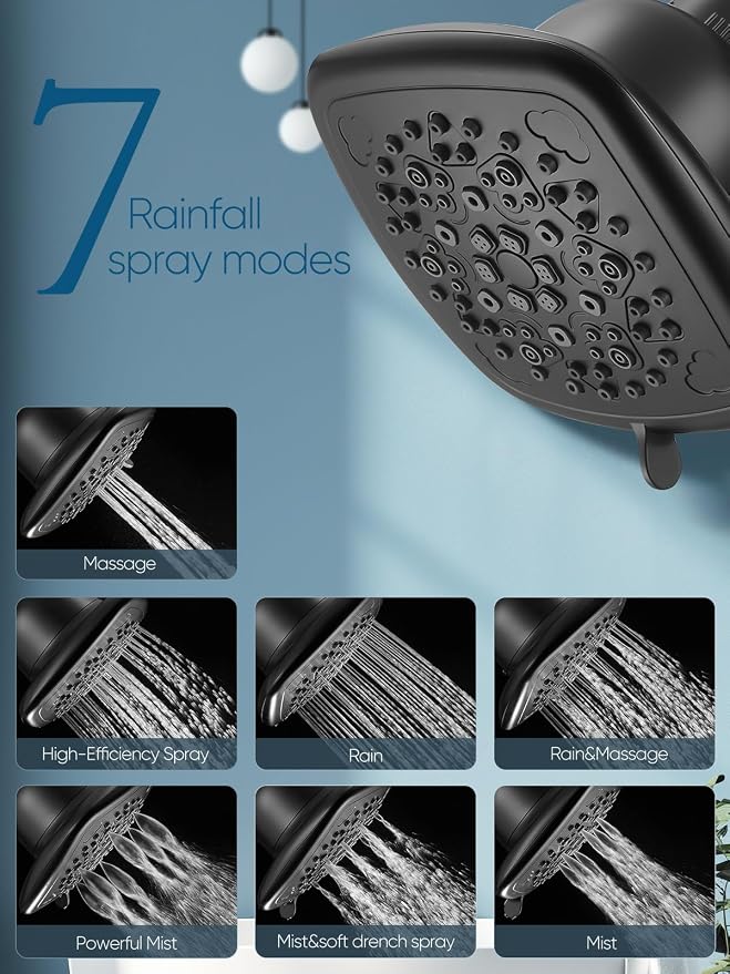 Cobbe Filtered Shower Head, 7 Modes High Pressure Shower Heads - 16 Stage Shower Head Filter for Hard Water for Remove Chlorine and Harmful Substances (Midnight Black Matte, 6 Inch Square)