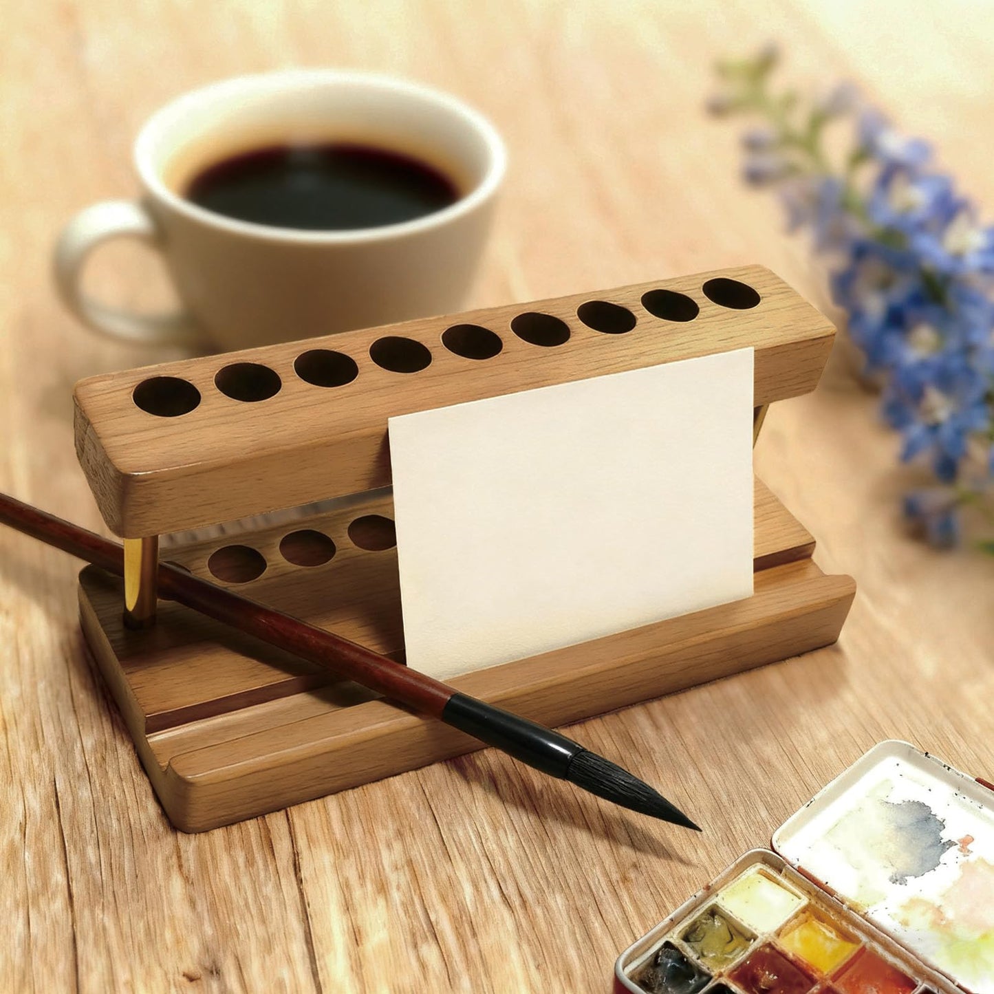 VOVCIG Multifunctional Wood Pen Holder for Desk,Fountain Pen Stand with 9 Slots and Phone Holder,for Office and Home Desk Decor