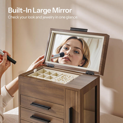 HOOBRO Jewelry Box with Mirror, Wooden Jewelry Organizer Box with Side Clear Acrylic Panel, Large Jewelry Case for Earrings, Necklaces, Rings, Watches, Walnut BH22JB04
