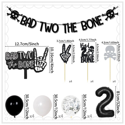 Bad Two The Bone Birthday Decorations,Include Banner Cake Toppers Cupcake Toppers,Party Music Themed Decorations with Balloons for Skeleton Rock and Roll Birthday(Black and White Balloons)