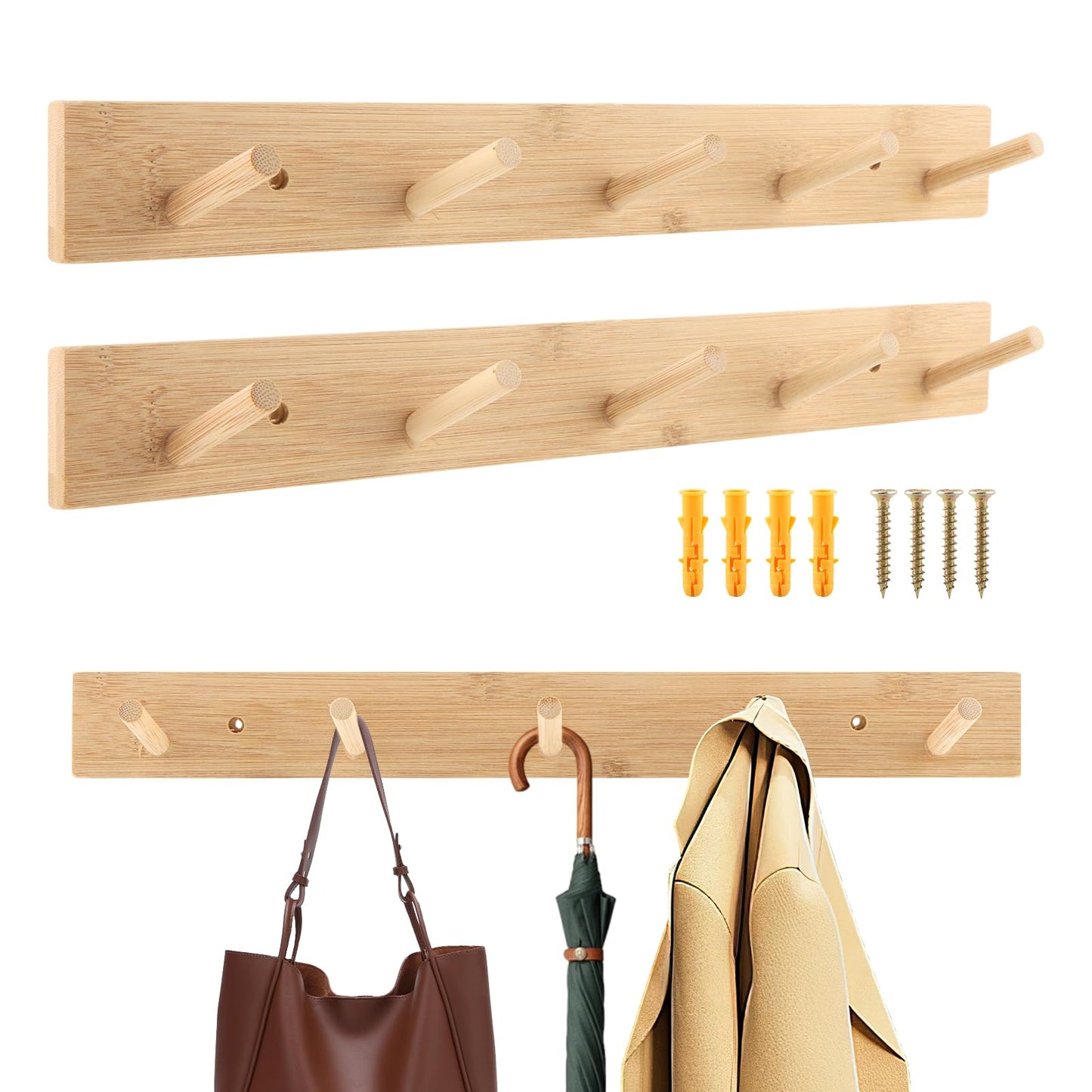 Anscuto 2Pcs Wooden Wall Mounted Coat Rack, 15.35'' Coat Rack Wall Mount with 5 Hooks for Hats, Jacket, Robes, Towels(Color:Natural)