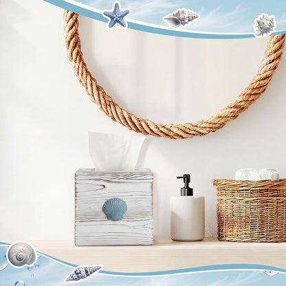 Thyle 2 Pcs Coastal Tissue Box Cover, Wooden Beach Square Tissue Box Holder Closure Starfish Shell Decorations Farmhouse Cube Napkin Holder for Coastal Bathroom Home Accessories Living Room Bedroom