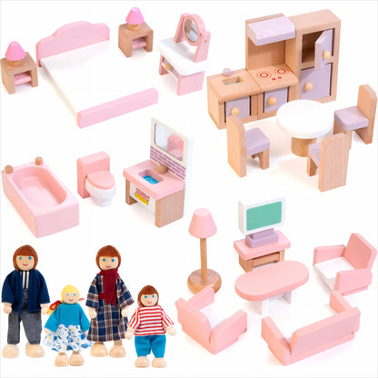 Kizfarm Wooden Dollhouse Furniture Set and Wooden Vanity Set for Kids