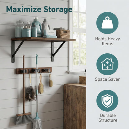 CQPRK Broom and Mop Organizer Wall Hanging with Cleaning Supplies Organizer Shelf Rustic Farmhouse Wood Broom Mop Holder Storage Rack for Laundry Room Garage (1, Brown)