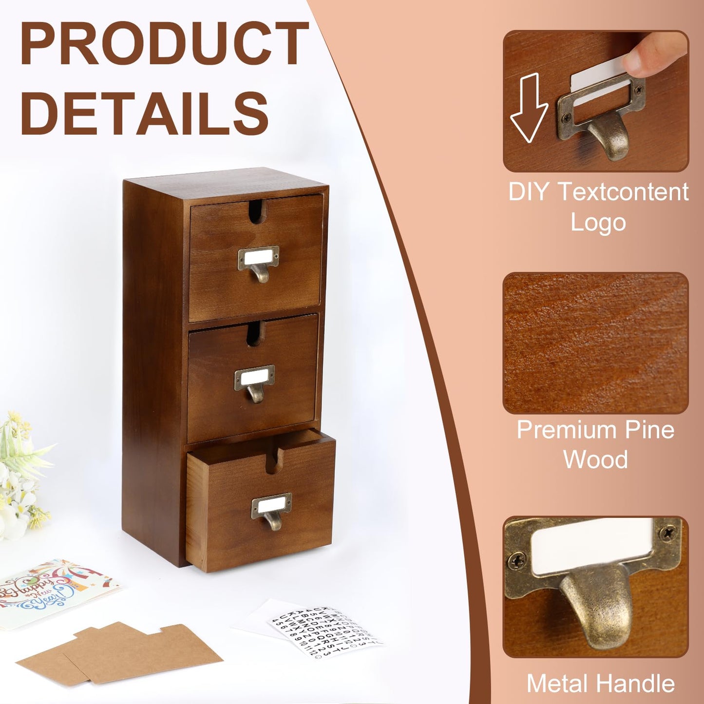 DLUGOPIS 3 Tier Index Card Holder 3x5 Wooden Card Catalog Box with 3 Drawers Brown Index Card Storage Box Flash Card Holder 25 Index Card Dividers 2 Letter Smile Stickers for Office