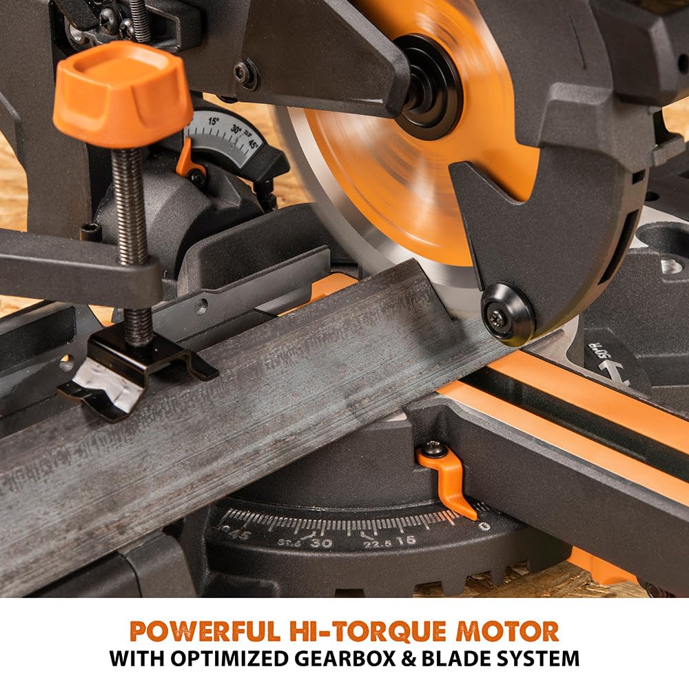 Evolution Power Tools R185SMS+ Sliding Miter Saw with Multi-Material Cutting, 45 Degree Bevel, 50 Degree Miter, 210 mm Slide, Blade Included Cuts Wood Plastic Metal & More, 7-1/4"