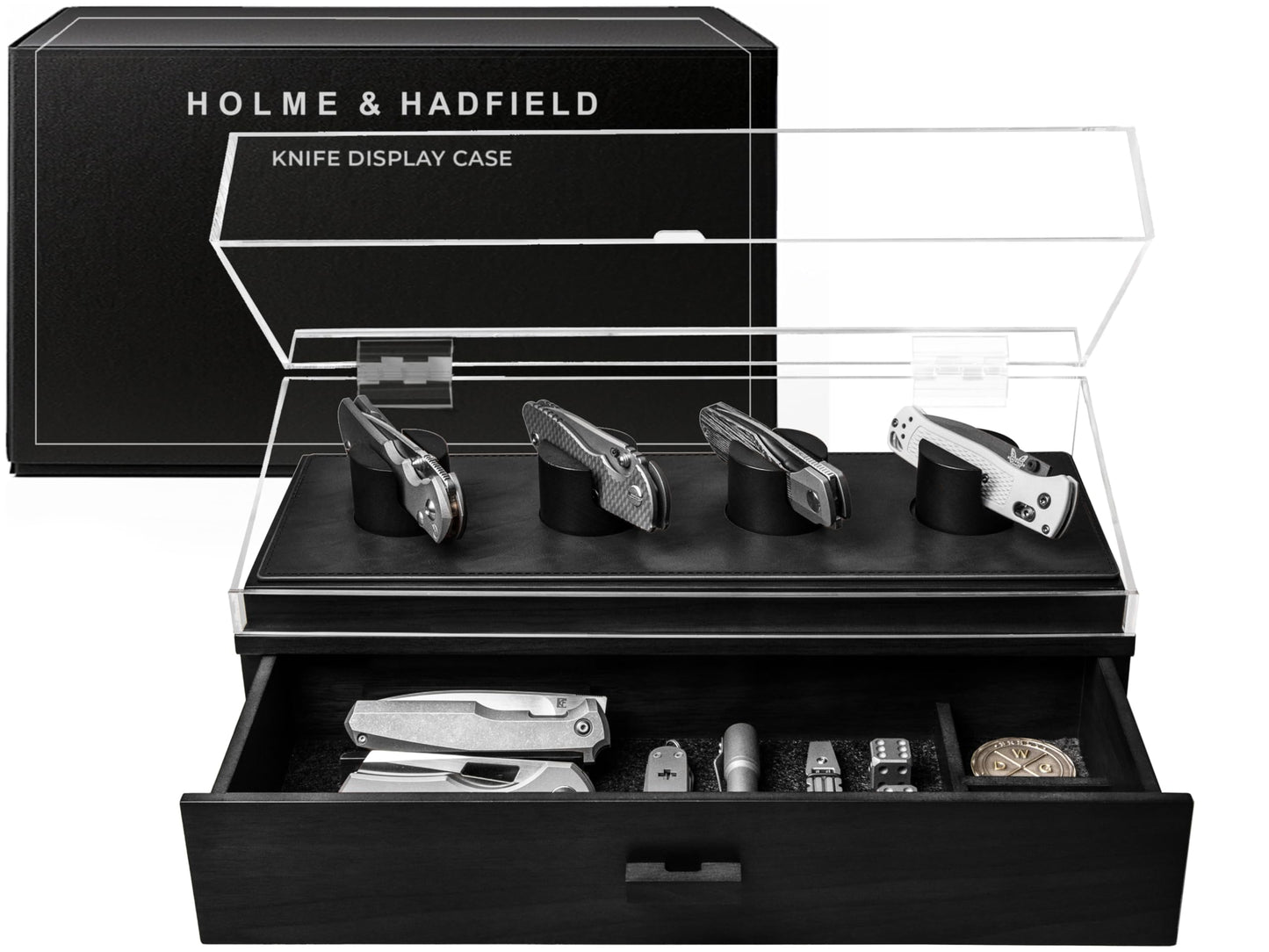 Premium Pocket Knife Display Case for 10 Knives - Wooden Knife Organizer, Storage & Holder with Unique Pillars, Hinged Cover, Drawer - Knife Collection Box - Handcrafted Father's Day Present for Men