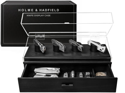 Premium Pocket Knife Display Case for 10 Knives - Wooden Knife Organizer, Storage & Holder with Unique Pillars, Hinged Cover, Drawer - Knife Collection Box - Handcrafted Father's Day Present for Men