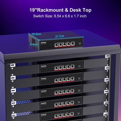 YuanLey 5 Port 10G Ethernet Switch, 5 x 10Gbps RJ45 Ports, Support 10G/5G/2.5G/1G/100Mbps Speed Auto-Negotiation, 100Gbps Switching Capacity, Unmanaged Switch Rackmountable, Plug and Play