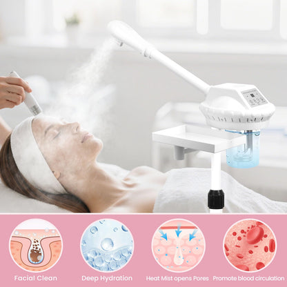 Professional Facial Steamer, 2In1 Face Steamer on Wheels for Facial Deep Cleaning, SPA Facial Steamer for Esthetician with 5X Magnifying Lamp, Stand Face Steamer with Time Setting, Pink