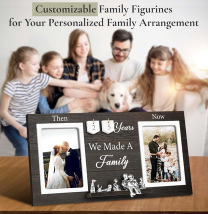 DREAMORIE Then & Now Anniversary Picture Frame with Tin Family Figurines – Rustic Wooden 1-99 Years Wedding Gift for Couples, Custom Number Tiles