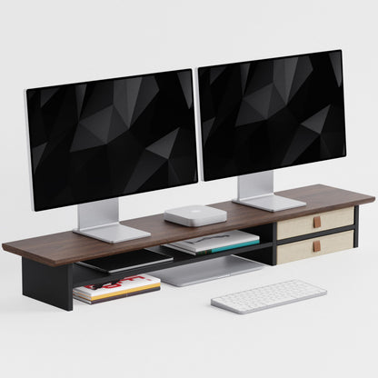 FENSULN Dual‑Tier Monitor Stand Riser with Drawers, Desktop Organizer Shelf Storage for Computer Screen 2 Monitors, Supports for PC Computer Monitor, Printer, Heavy TV Riser Brown and Black