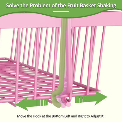 2 Tier Fruit Basket for Kitchen Counter with 2 Banana Hangers, Countertop Metal Fruit Bowl with Wooden Handle, Large Storage Stand for Vegetables, Snacks, Breads, Produce Storage – Rose Pink