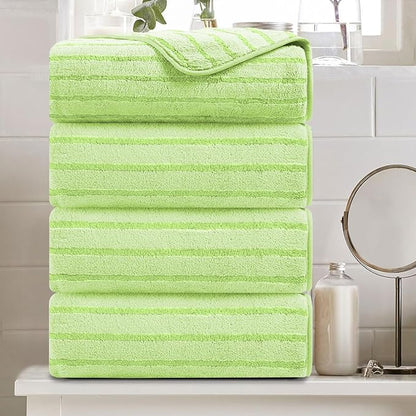 4 Pcs Grass Green Cabana Stripe Large Bath Towels 35"x70" Oversized Bath Sheet