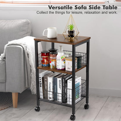 Hadulcet Small End Table, 3-Tier Side Table with Storage Basket, Industrial Style Side End Table for Living Room Bedroom Kitchen Bathroom, Rustic Brown