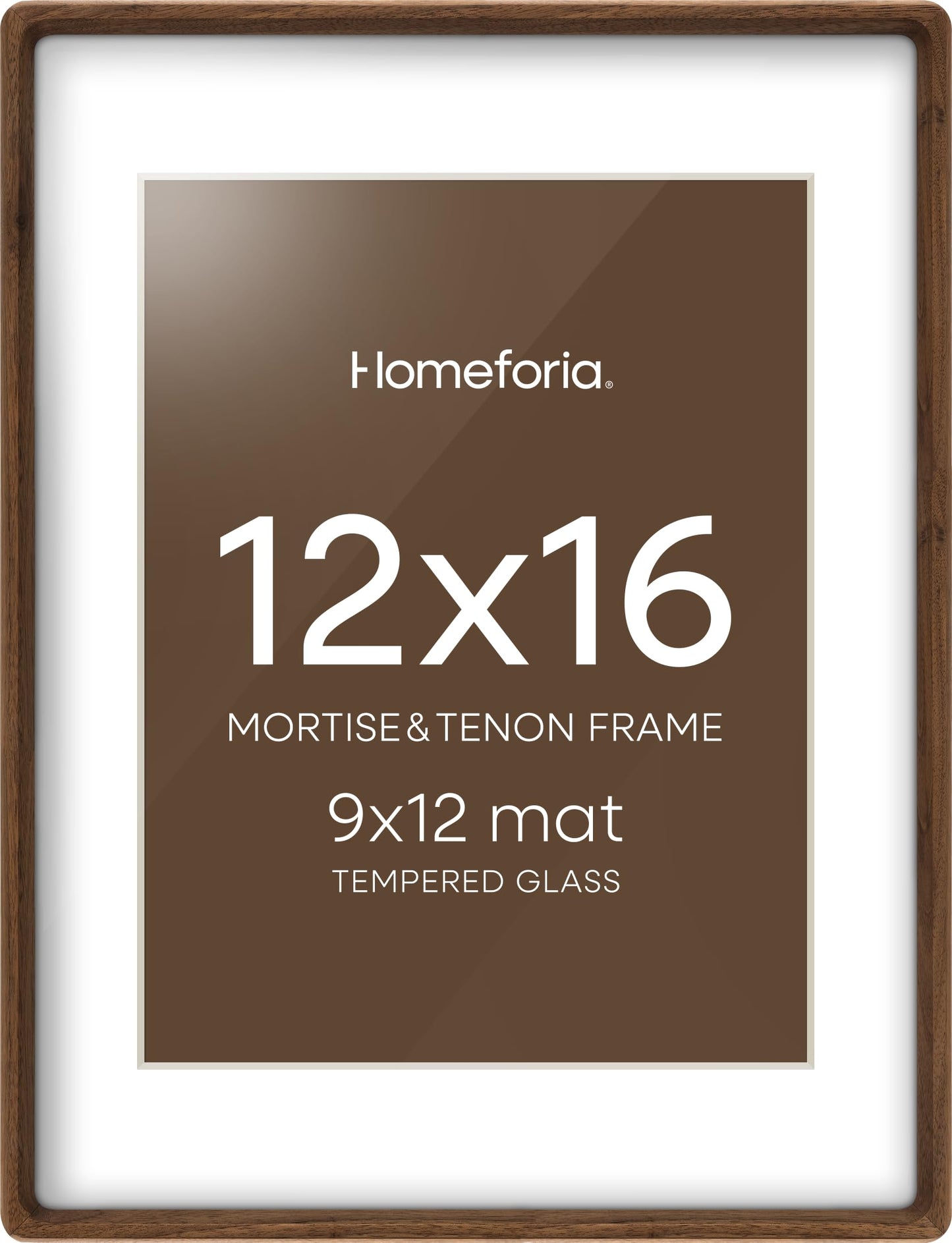 Homeforia Brown Picture Frame 12x16, Mortise & Tenon Walnut 12 by 16 Wooden Photo Frames with Mat 9 x 12 for Wall, 16x12 Dark Solid Wood Frames Matted to 9x12 Print, Tempered Glass, Wall Kit, Set of 1