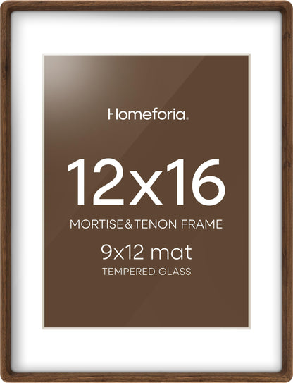 Homeforia Brown Picture Frame 12x16, Mortise & Tenon Walnut 12 by 16 Wooden Photo Frames with Mat 9 x 12 for Wall, 16x12 Dark Solid Wood Frames Matted to 9x12 Print, Tempered Glass, Wall Kit, Set of 1