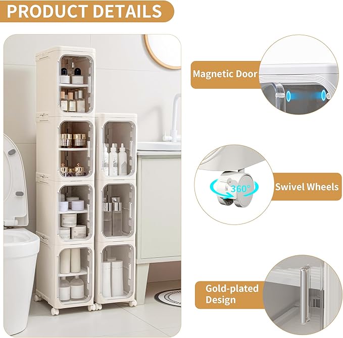 3-Tier Slim Narrow Bathroom Storage Cabinet, Cream White | Tool Free Assembly, Adjustable shelves, Fits for Narrow Spaces, Lockable Wheels, Magnetic Clear Door