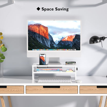 BONTEC Wooden Monitor Stand Riser for Desk, 2-Tier Computer Monitor Stand with Storage, 66 lbs Desk Shelf Organizer, Laptop & Printer Stand with Phone Holder and Cable Management, White, 16.5 Inch