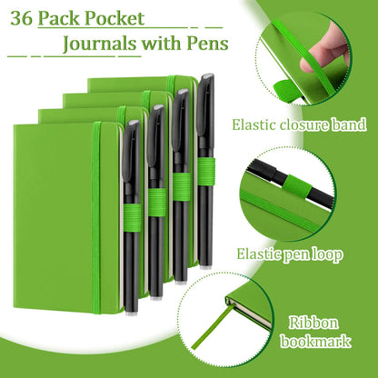 Laumoi 36 Sets Pocket Notebook Journals with Pens A6 Cute Small Journal Notebook Ruled Lined Mini Notepad Hardcover Executive Notebooks Set with Pen Holder for School Office, 3.7 x 5.7 Inch (Green)