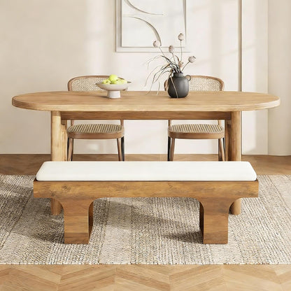 LITTLE TREE 55.2" Dining Bench with Linen Cushion, End of Bed Upholstered Bench, Farmhouse Entryway Bench for Hallway, Living Room, Bedroom, Kitchen