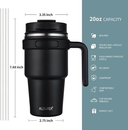 20 oz Insulated Coffee Mug Tumbler with Handle, Stainless Steel Travel Mug Tumbler with Lid and Straw,Double Wall Vacuum Leak Proof Ice Coffee Thermal Cup, Sky Blue