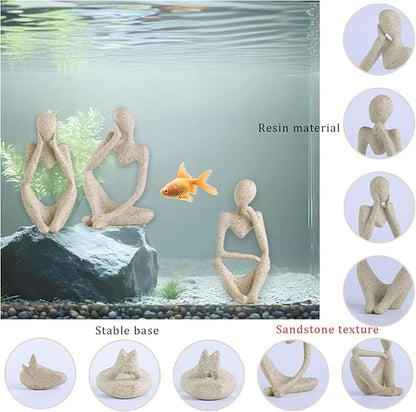 3 Pcs Fish Aquarium Decor Ornaments Minimalist Sandstone Thinker Statue Fish Tank Decorations Small Accessories Resin Abstract Home Decor Fish Toy for Betta Cichlid Goldfish Shrimps Hermit Crabs