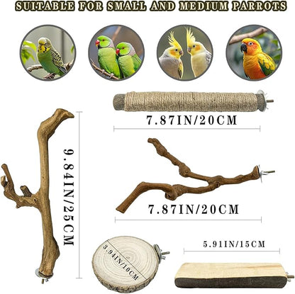 6 Pcs Medium Bird Perch Set, Natural Wood Bird Perches, Parrot Cage Toys for Cockatiels, Conures, Budgies, and Parakeets, Cage Accessories for Small and Medium Parrots