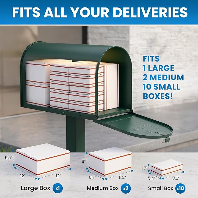 Plexon Jumbo Size Rural Mailbox, 3175 cu-in Capacity, Galvanized Steel, Powder-Coated, 15 in. H x 11.69 in. W x 24.82 in. L, Green, Extra Large