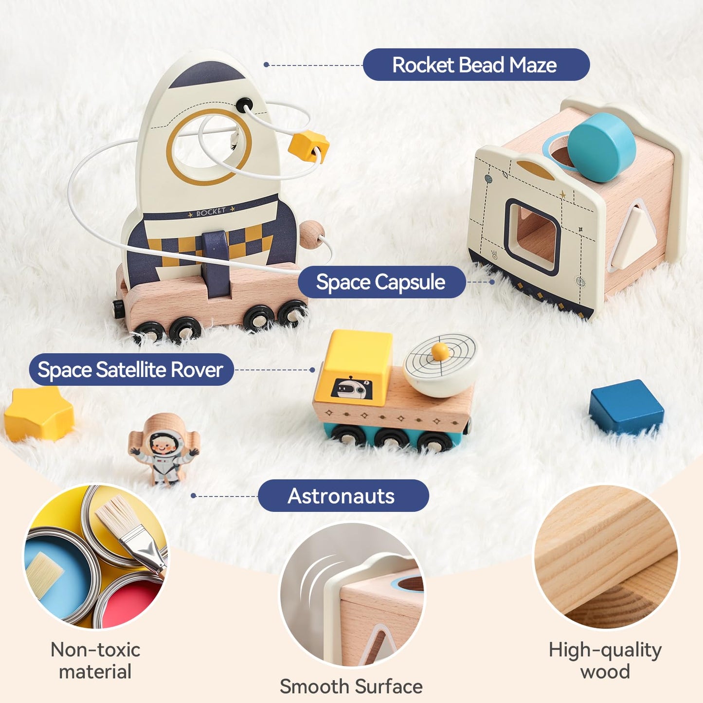 ibwaae Wooden Rocket Space Toy Set for Toddlers 1-3, Montessori Shape Sorter and Stacking Activity with Magnetic Car, Fine Motor Skills Learning Toy, First Birthday Gift for Boys Girls