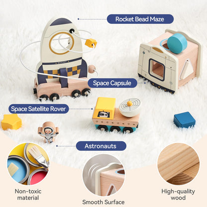 ibwaae Wooden Rocket Space Toy Set for Toddlers 1-3, Montessori Shape Sorter and Stacking Activity with Magnetic Car, Fine Motor Skills Learning Toy, First Birthday Gift for Boys Girls