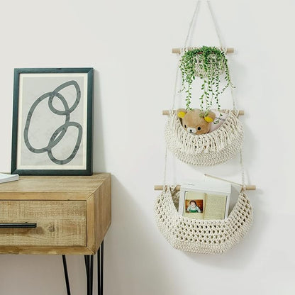 Hanging Fruit Basket, 3 Tier Over The Door Organizer, Handmade Woven Cotton